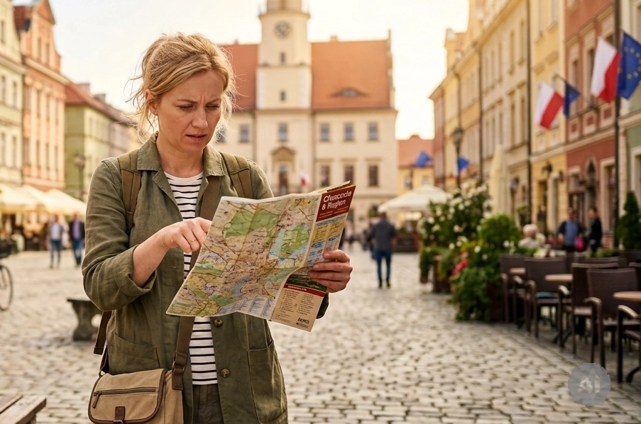 Turystka stoi na placu miejskim z mapą w ręce i szuka atrakcji turystycznych w Wadowicach
