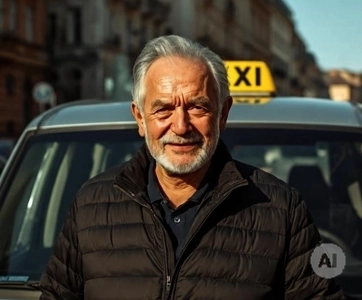 Zdjęcie starego taksówkarza z postoju Taxi Wadowice. Stoi przed swoim srebrnym samochodem i uśmiecha się do kamery.
